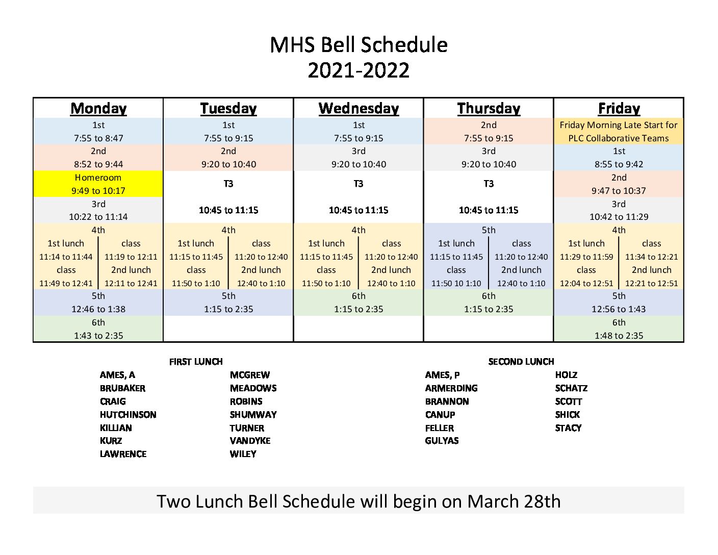 New Bell Schedule And Lunch Assignments Meridian High School