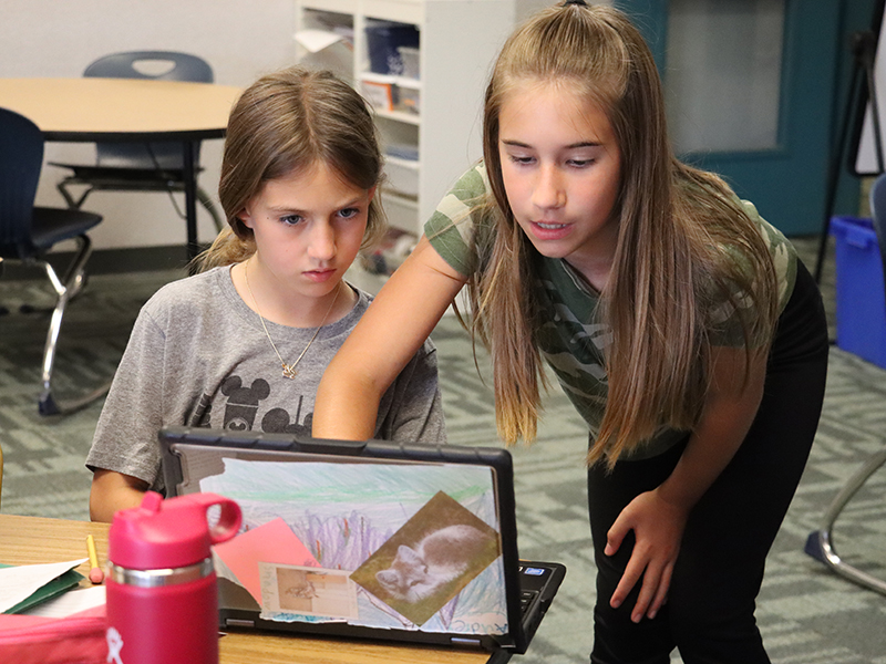 Two students work on a project on their laptop